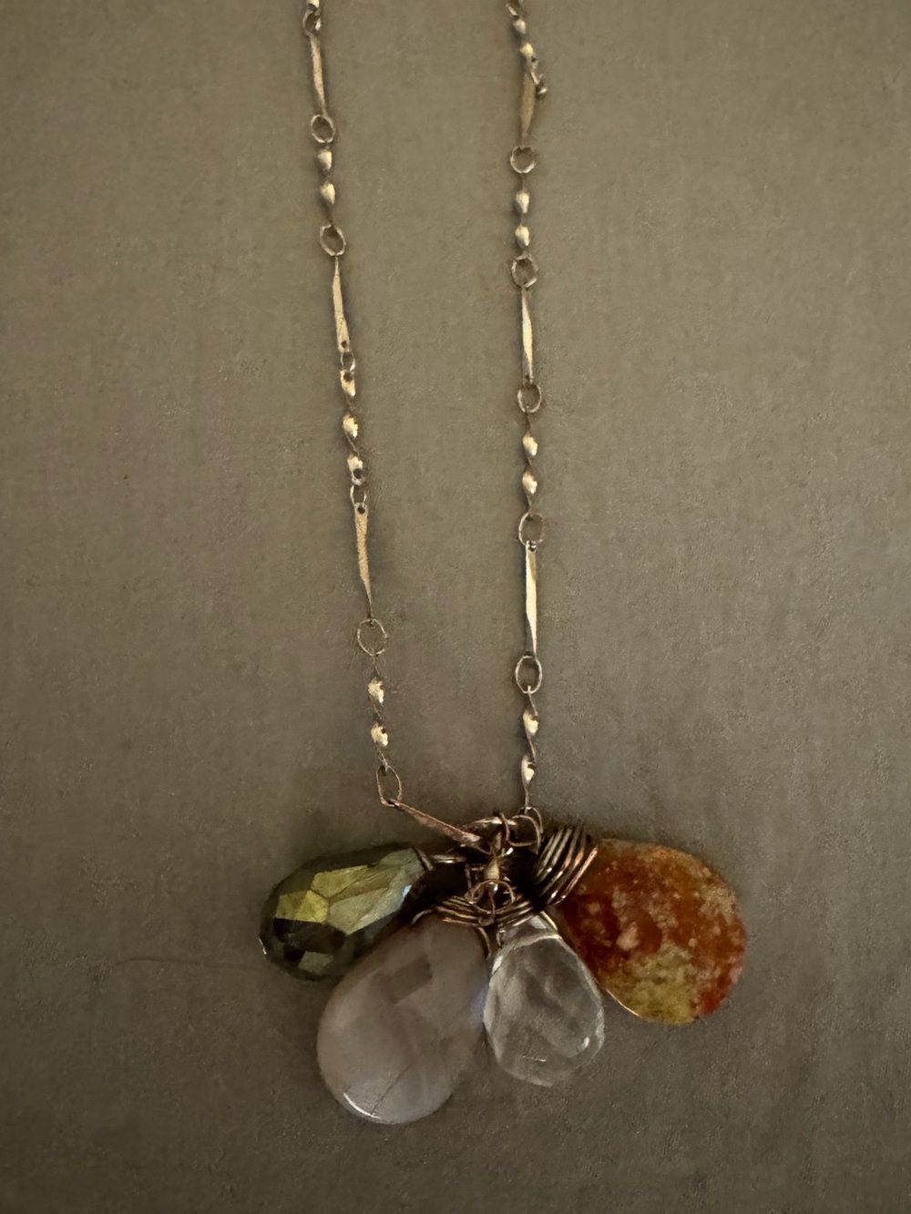 Delicate Multi-Stone Pendant Necklace in Green, Clear and Amber